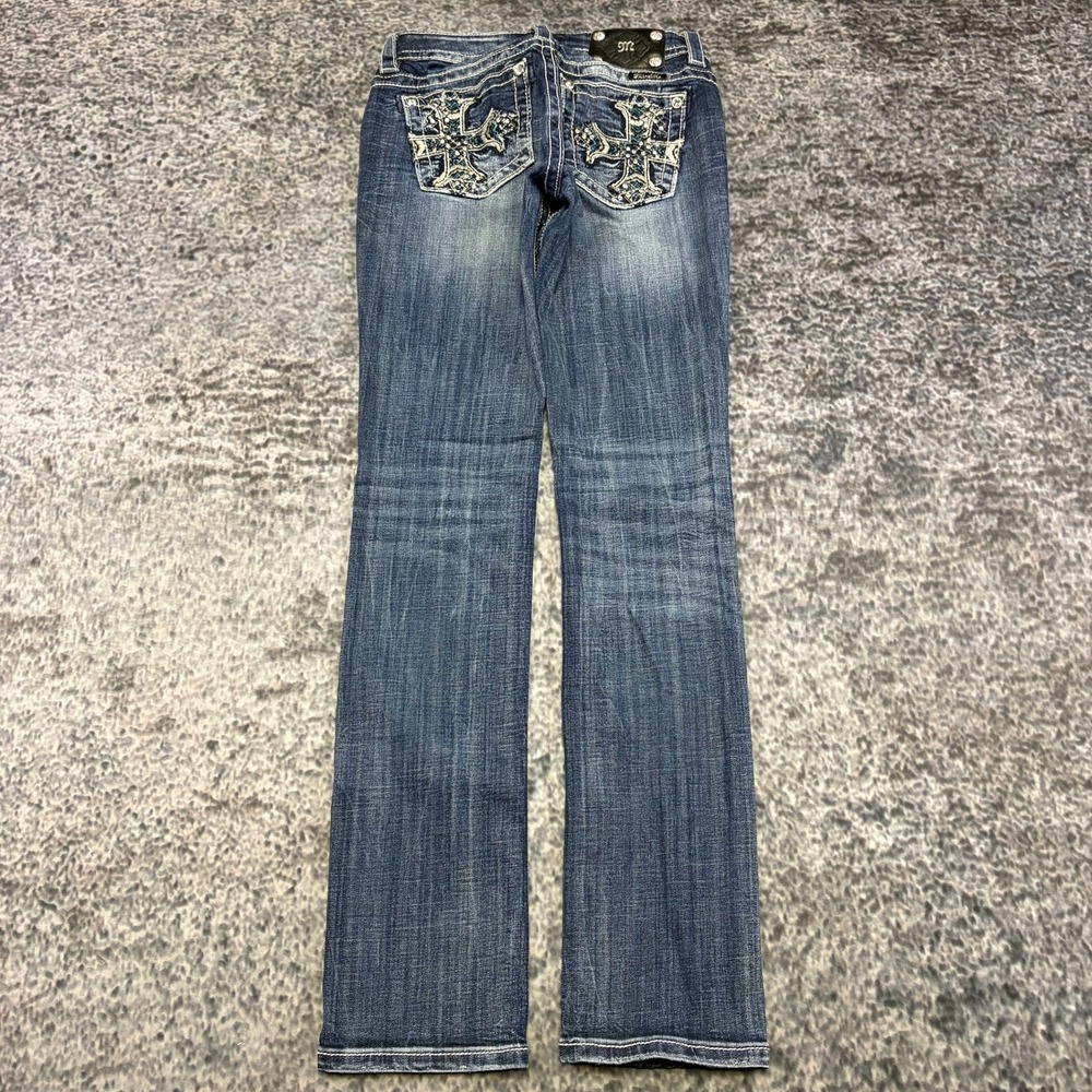 Miss Me Jeans Signature Straight Womens 27 Blue Embellished Embroidered Cross